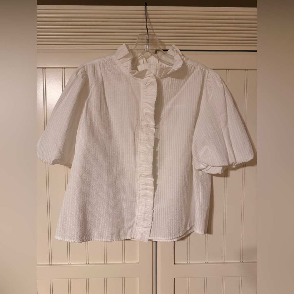 Ruffled Front White Puff-Sleeve Blouse